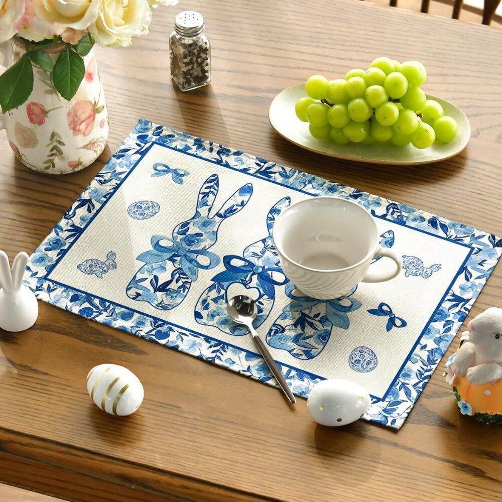 Set of 4 Rabbit Bunny Placemats Brand New !! Blue and White